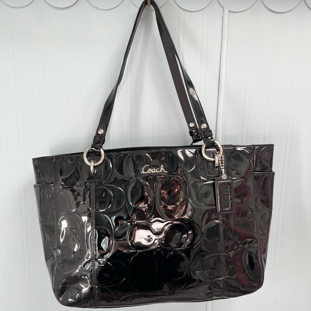 Coach Black Glossy Tote with Signature Monogram
